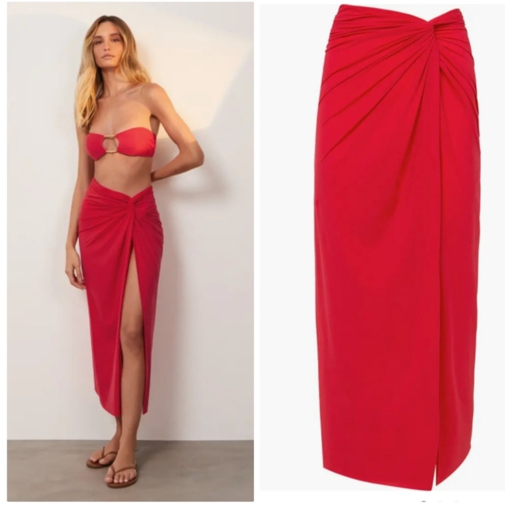 New ViX Karen Twist Pull-On Solid Red Midi Swim Beach Pareo Cover-Up Skirt Med
